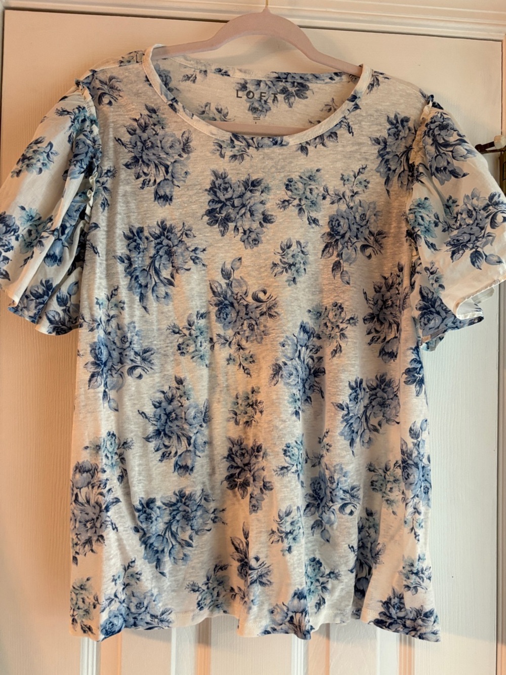 LOFT Blue Floral Linen Short Sleeve Tee - Women's